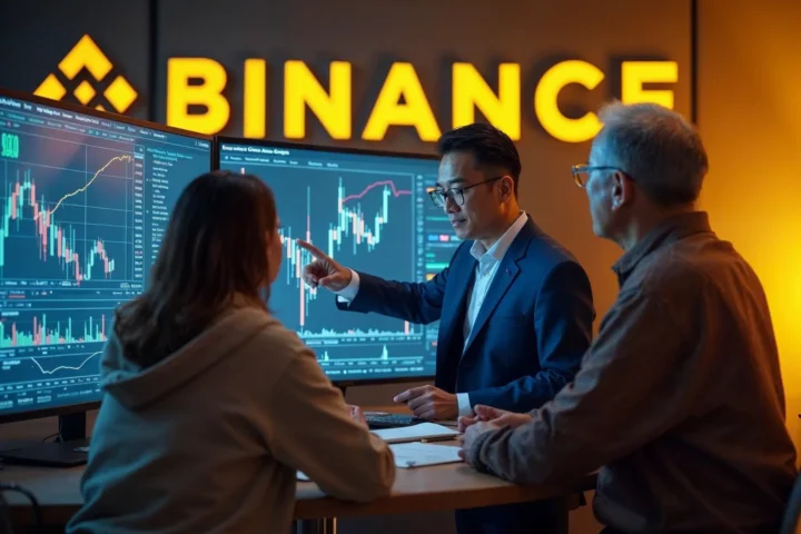 Experienced trader in a blue suit, presenting his Binance copy trading strategy on a huge digital screen to a group of novice copy traders