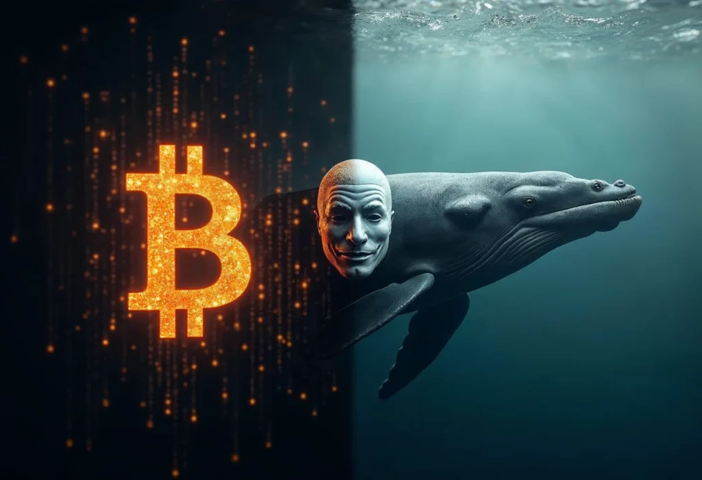 A split-screen image: Show a Bitcoin logo on one side and a picture of a whale on the other side, with a faint Satoshi Nakamoto mask in the middle.