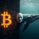 A split-screen image: Show a Bitcoin logo on one side and a picture of a whale on the other side, with a faint Satoshi Nakamoto mask in the middle.