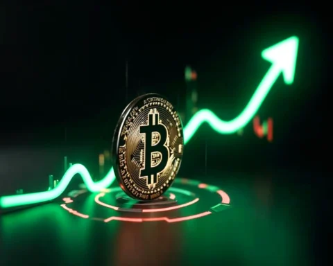 Bitcoin logo with a rising chart