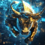 A creative illustration of a bull statue (symbolizing a bull market) with a Bitcoin-inspired twist.