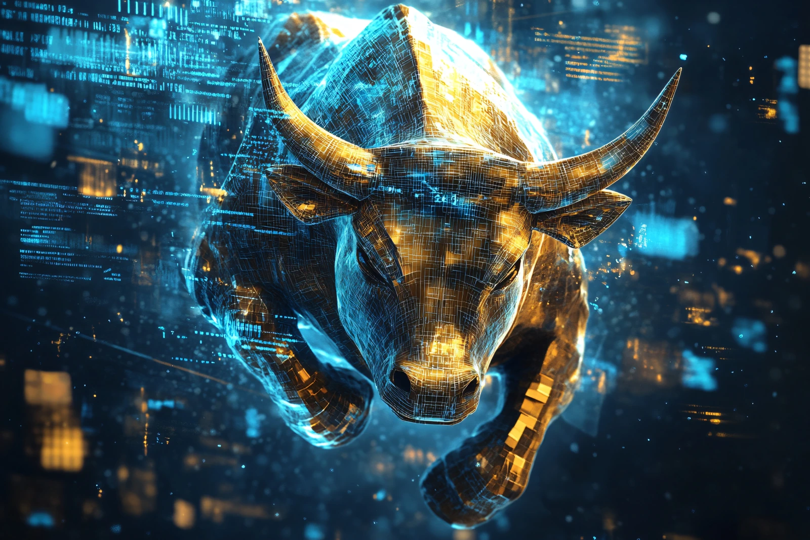 A creative illustration of a bull statue (symbolizing a bull market) with a Bitcoin-inspired twist.