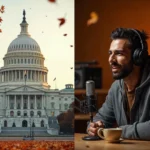 A split-screen image of the US Capitol Building and the Dogecast Podcast studio.