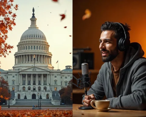 A split-screen image of the US Capitol Building and the Dogecast Podcast studio.