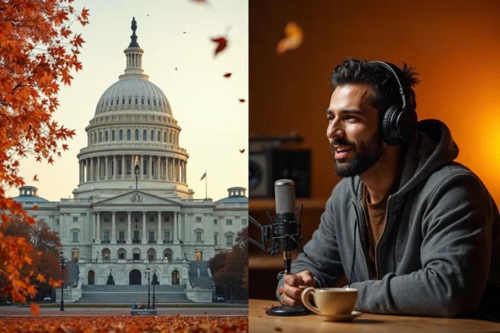 A split-screen image of the US Capitol Building and the Dogecast Podcast studio.