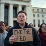 Elon Musk stands at the forefront of the Federal Reserve building holding a sign that says 'End the Fed'.