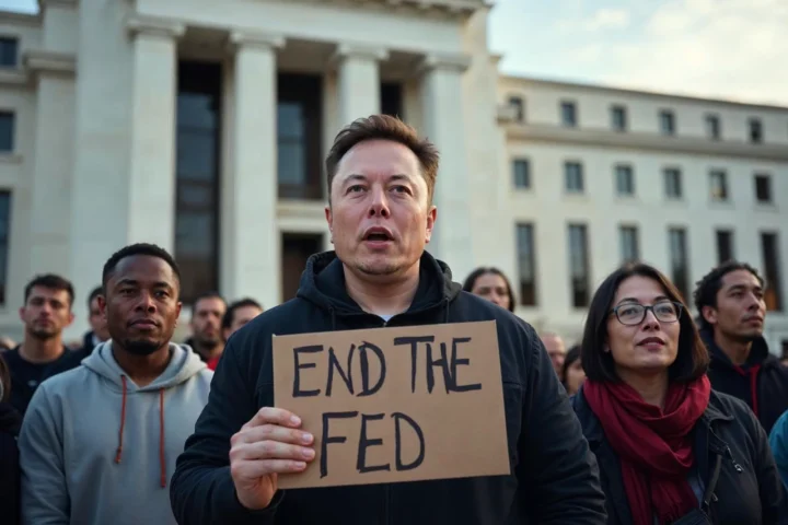 Elon Musk stands at the forefront of the Federal Reserve building holding a sign that says 'End the Fed'.