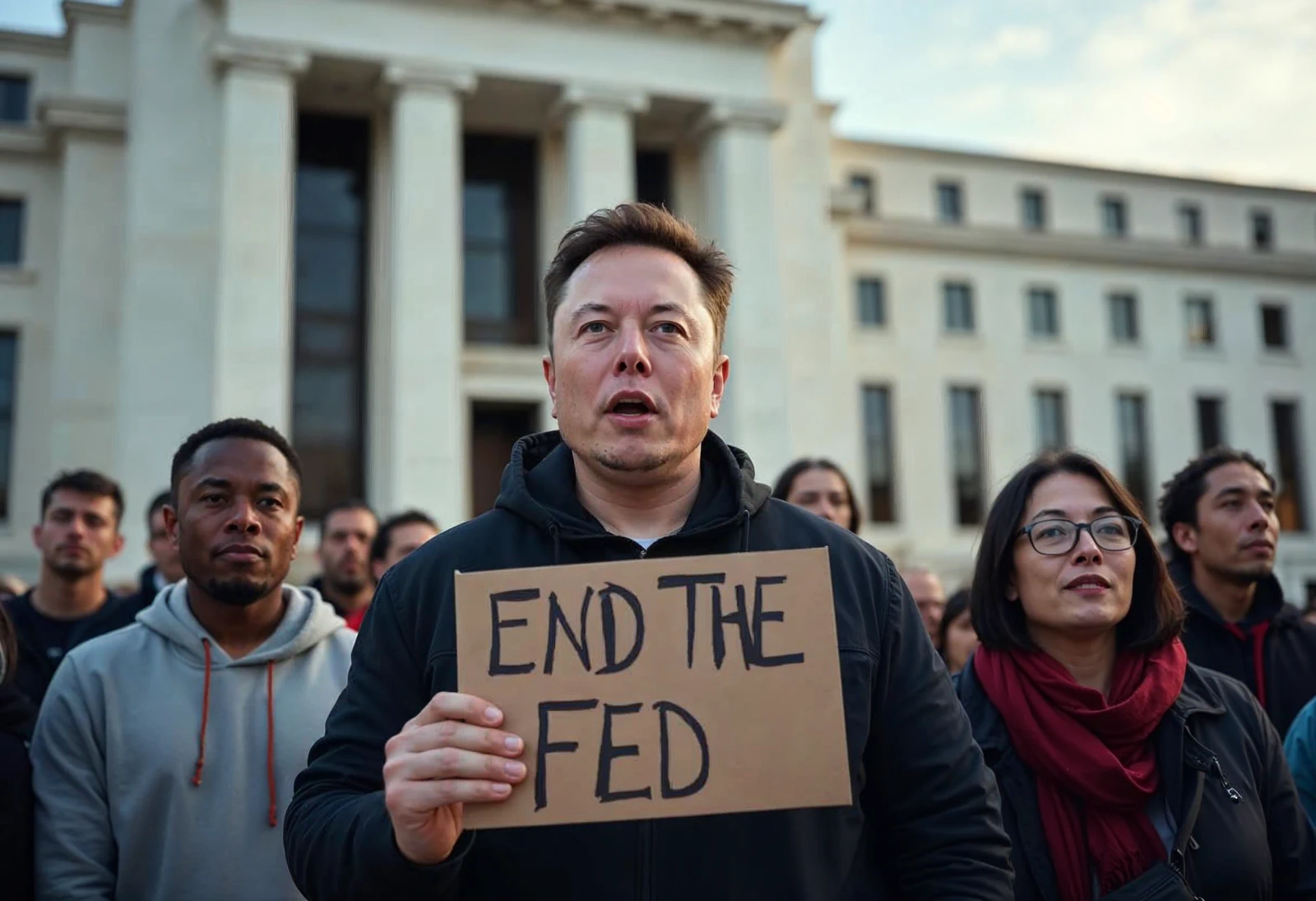 Elon Musk stands at the forefront of the Federal Reserve building holding a sign that says 'End the Fed'.