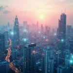 A photo of the Bangkok cityscape with a transparent overlay of blockchain-inspired elements