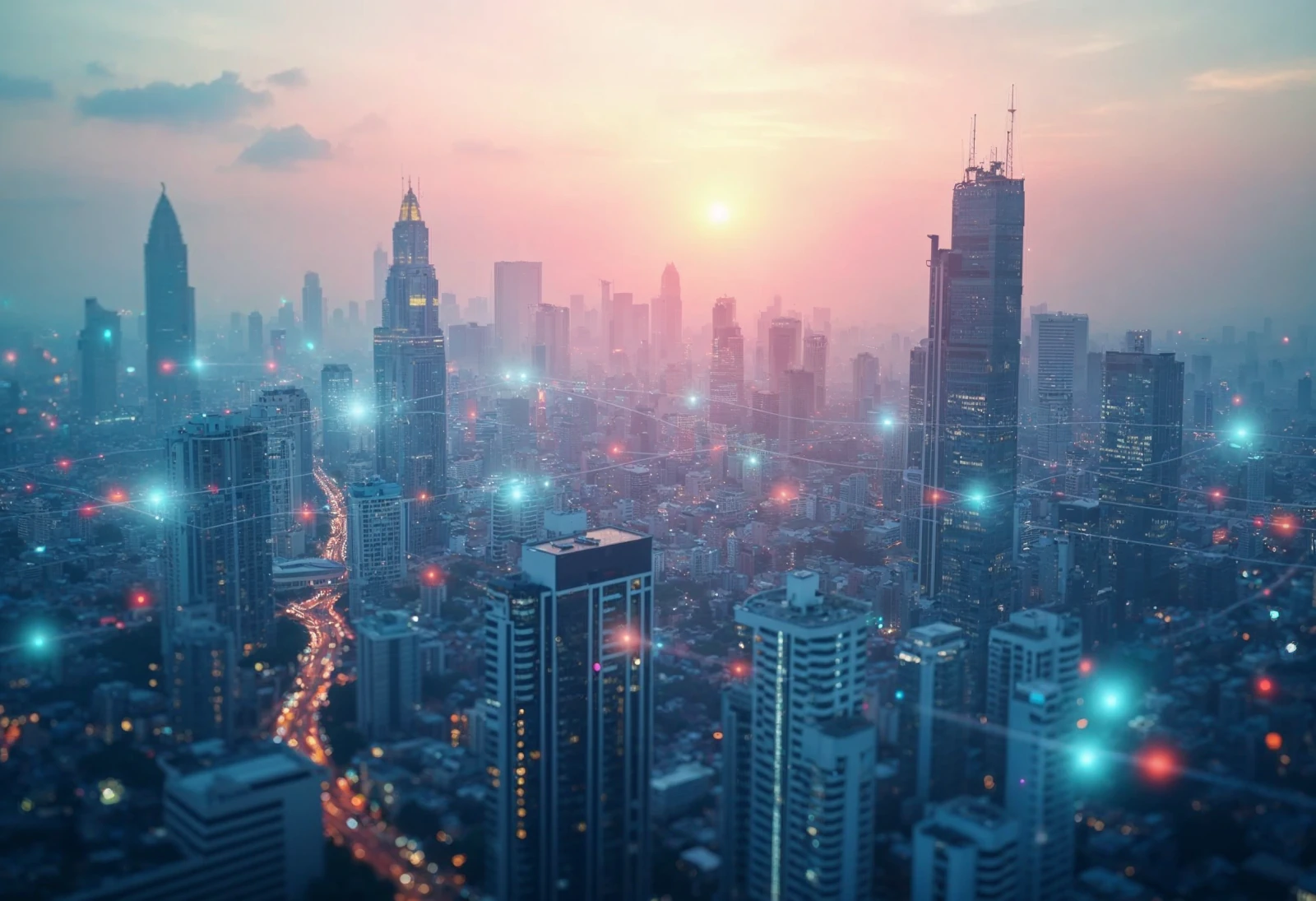 A photo of the Bangkok cityscape with a transparent overlay of blockchain-inspired elements