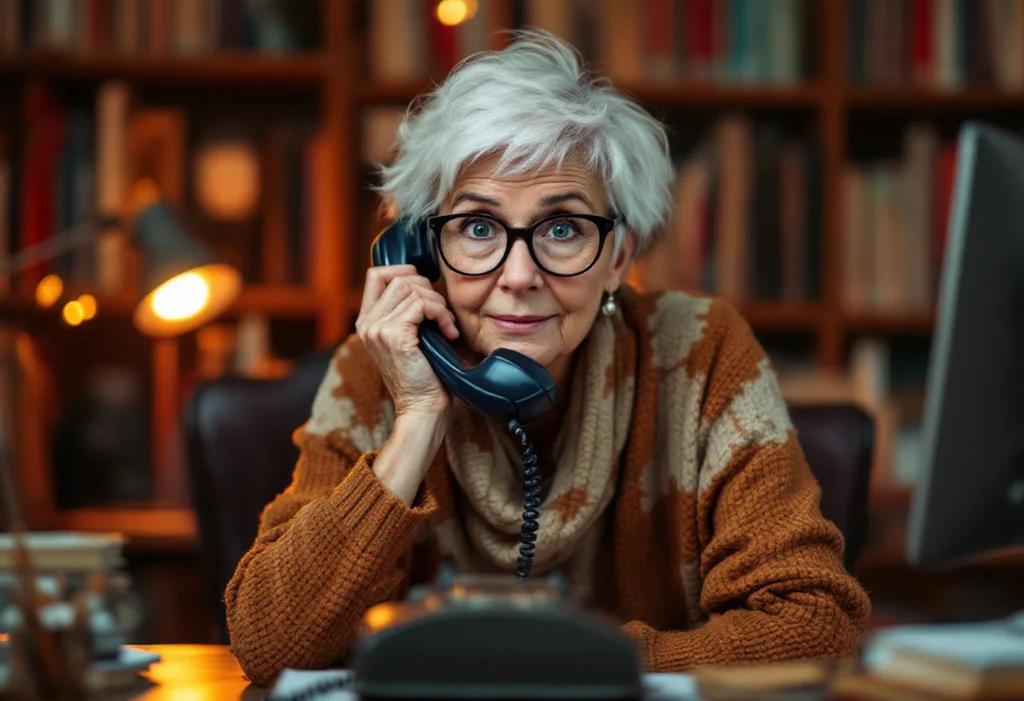 A granny sitting in front of a computer with a phone