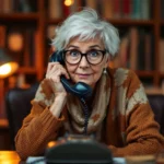 A granny sitting in front of a computer with a phone