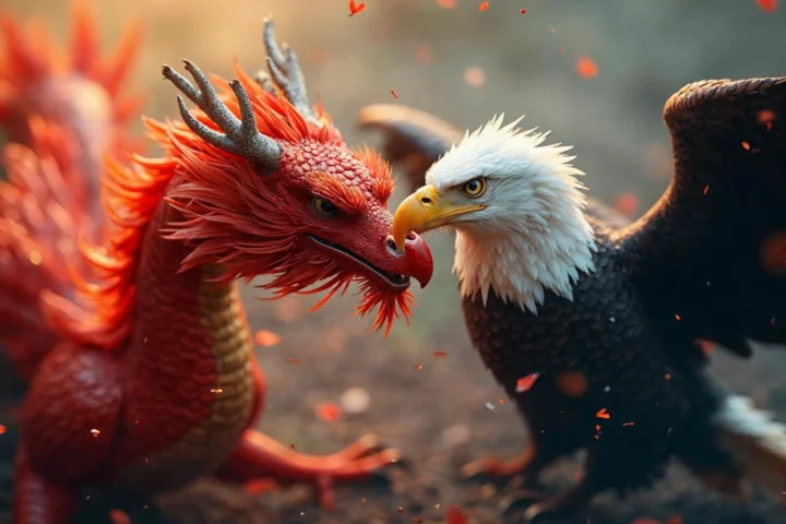 A picture of a dragon (representing China) and an eagle (representing the US) together, symbolizing the blending of the economic systems.