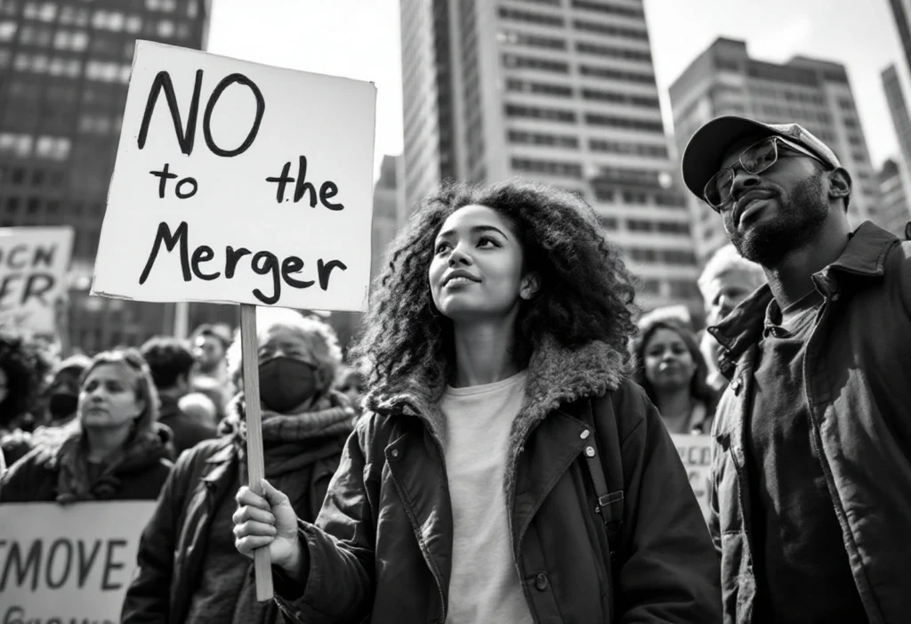 A group of people (token holders) protesting or holding signs, representing the community's backlash against the merger proposal.