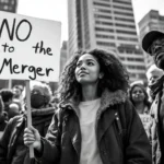 A group of people (token holders) protesting or holding signs, representing the community's backlash against the merger proposal.