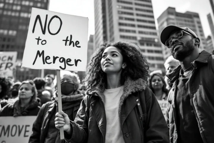 A group of people (token holders) protesting or holding signs, representing the community's backlash against the merger proposal.