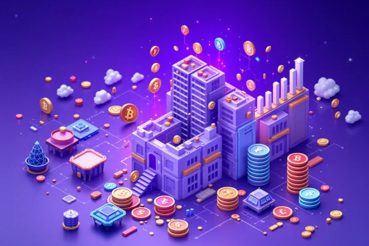 A 3D representation of digital assets (e.g., stocks, bonds, commodities) being built into a larger structure, symbolizing the tokenization process