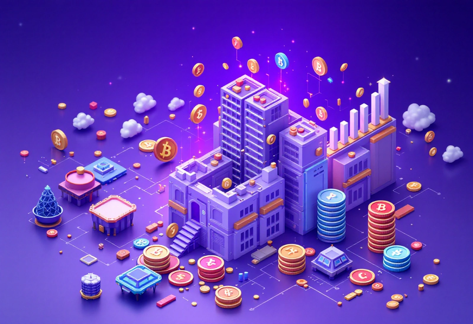 A 3D representation of digital assets (e.g., stocks, bonds, commodities) being built into a larger structure, symbolizing the tokenization process