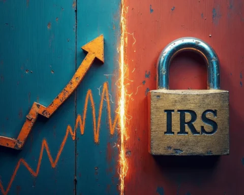 two contrasting halves, one representing a soaring cryptocurrency graph and the other a locked padlock with "IRS" on it