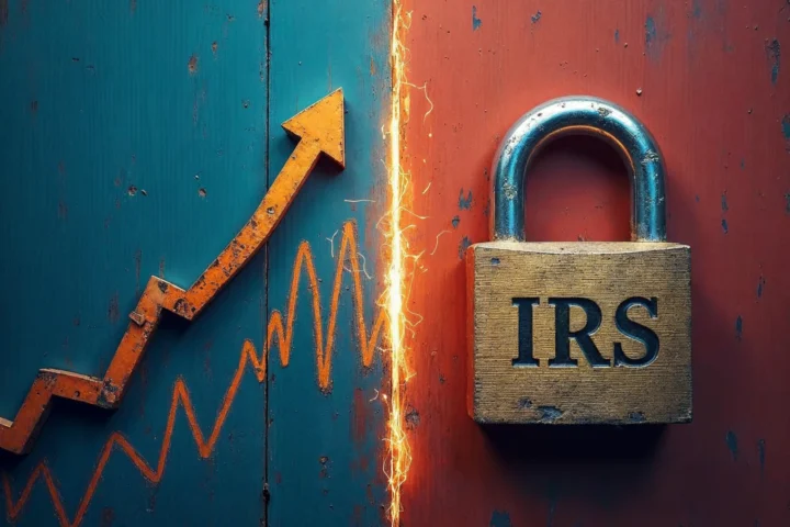 two contrasting halves, one representing a soaring cryptocurrency graph and the other a locked padlock with "IRS" on it