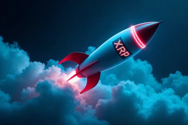 rocket ship with sign "XRP" on the side is blasting off