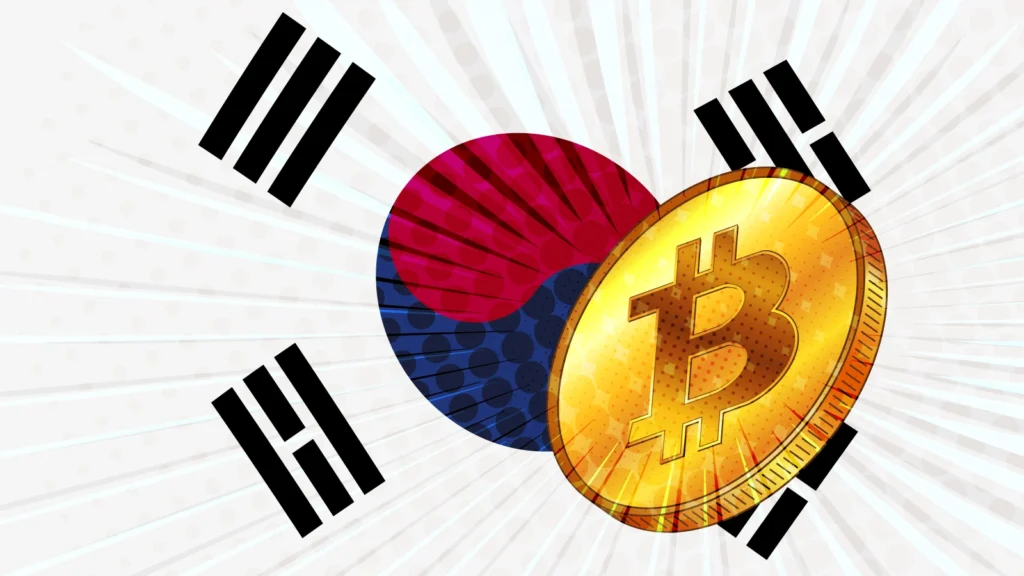 South Korean flag and Bitcoin coin